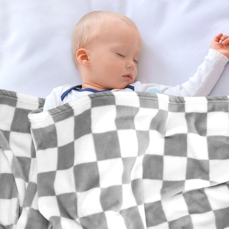 GreatBba Plush Checkered Baby Blanket for Boys Girls Nursery, 30"*40" Warm Short Fleece Blanket Neutral for Infant Newborn, Small Fuzzy for Sleeping, Chenille or Stroller (Gray&White) - Image 4